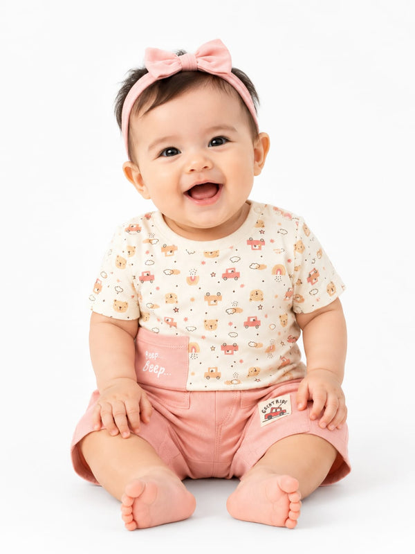 Beep Beep! Two-Piece Short-Sleeve Infant Shorts Set (Peach Variant)
