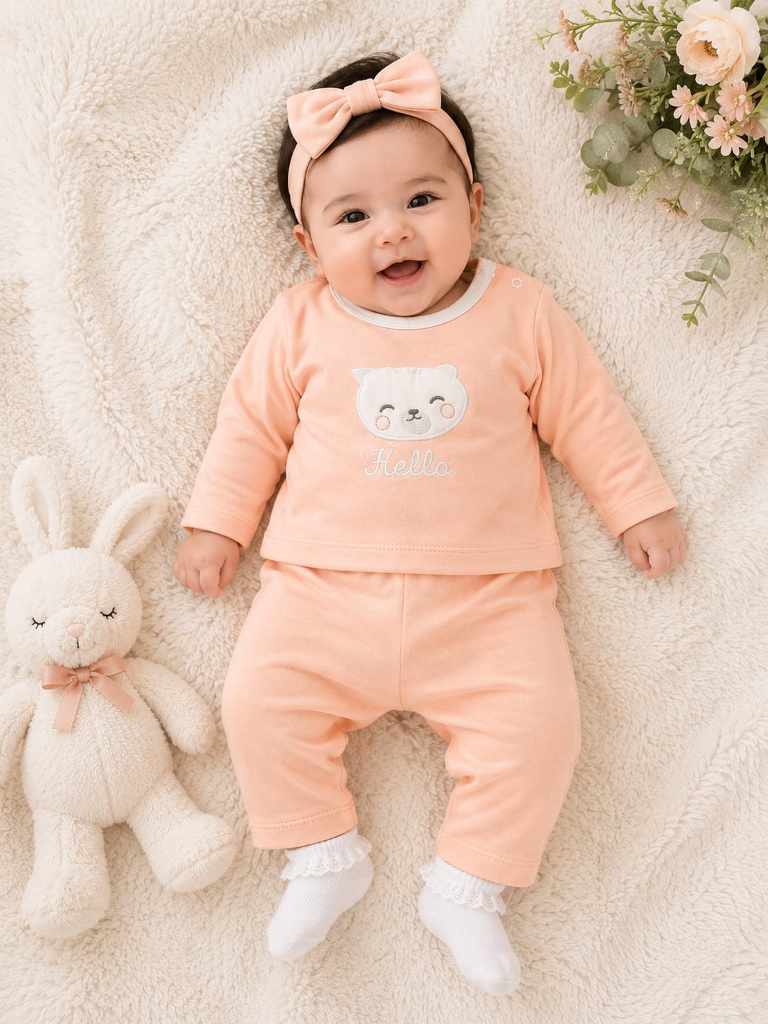 Charming "Hello" Bear Infant Co-Ord Set with Matching Headband