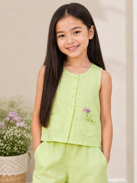 Elegant Pastel Lime Floral Embroidered Girls' Co-Ord Set