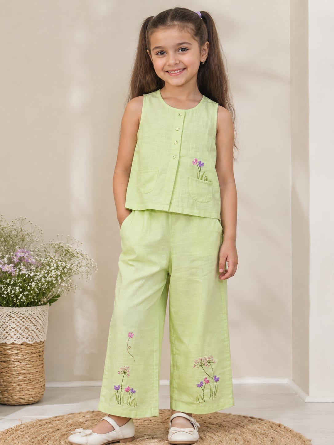 Elegant Pastel Lime Floral Embroidered Girls' Co-Ord Set