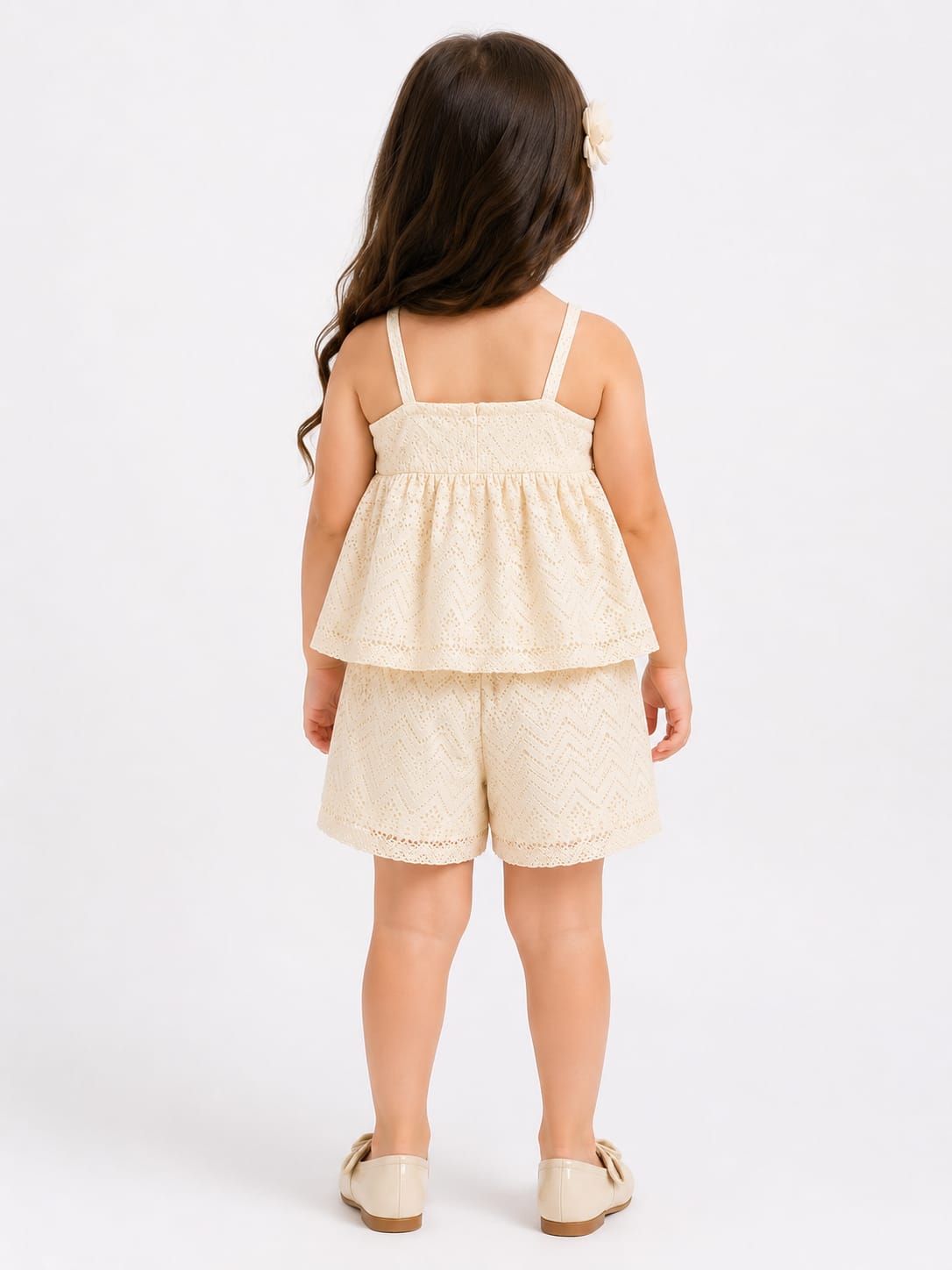 Elegant Cream Schiffli Lace Girls' Camisole & Shorts Co-Ord Set