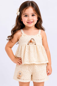 Elegant Cream Schiffli Lace Girls' Camisole & Shorts Co-Ord Set