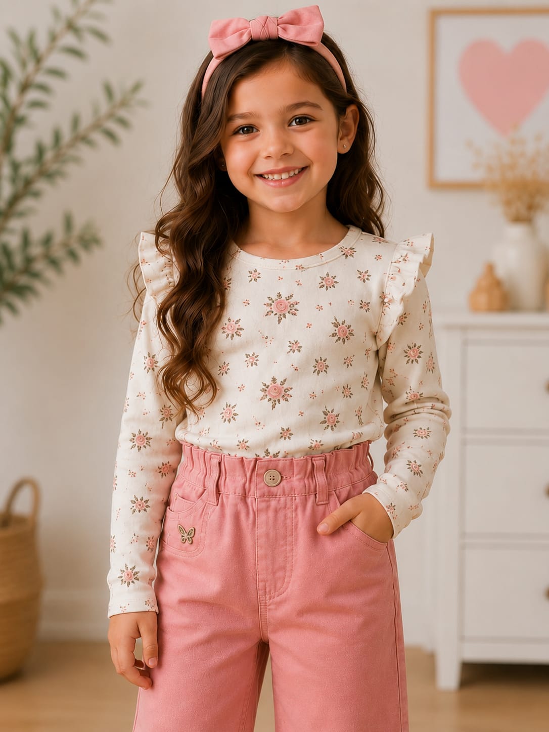 Girls' High-Waisted Wide-Leg Pink Denim Trousers