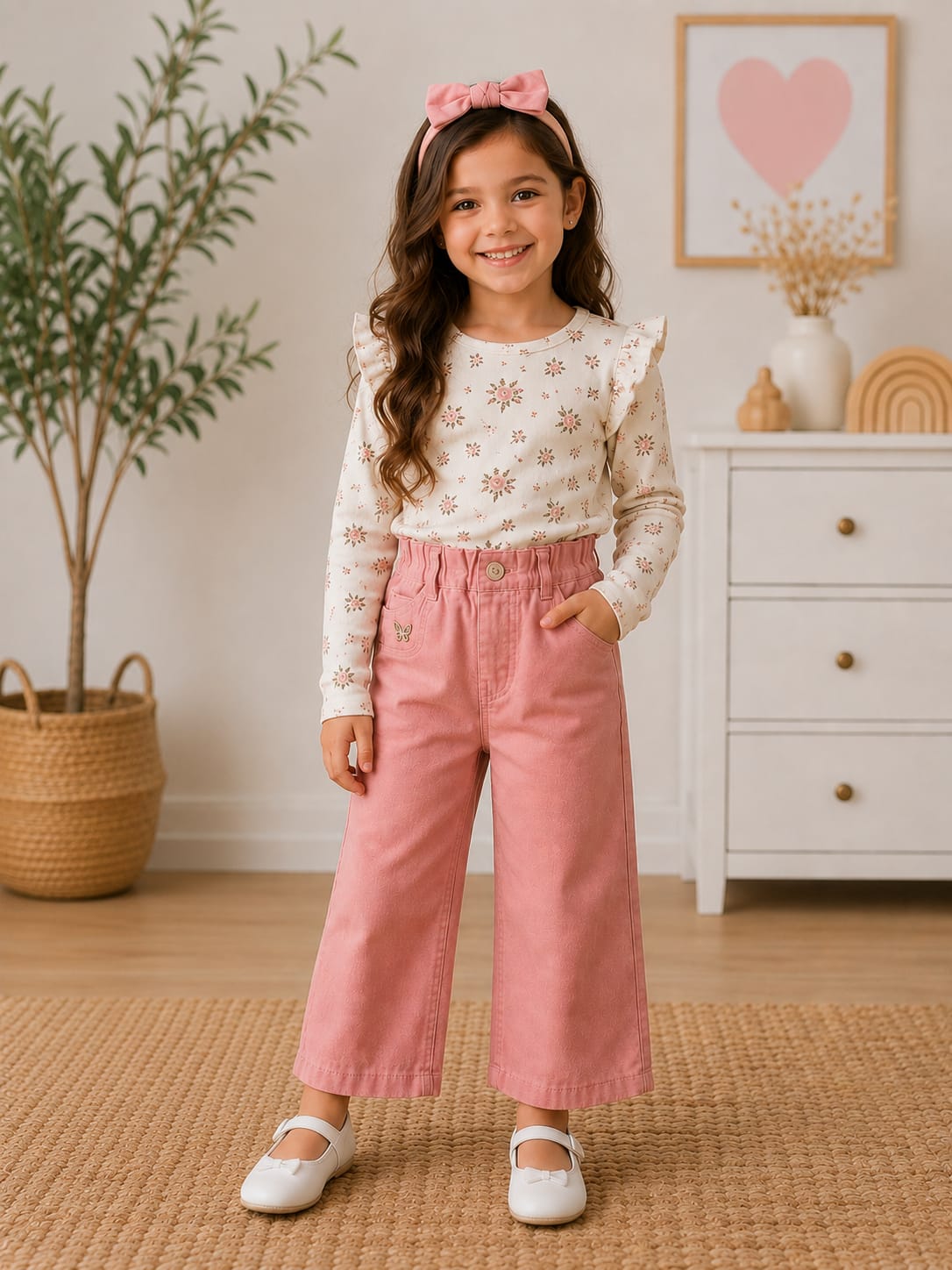 Girls' High-Waisted Wide-Leg Pink Denim Trousers
