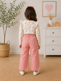 Girls' High-Waisted Wide-Leg Pink Denim Trousers