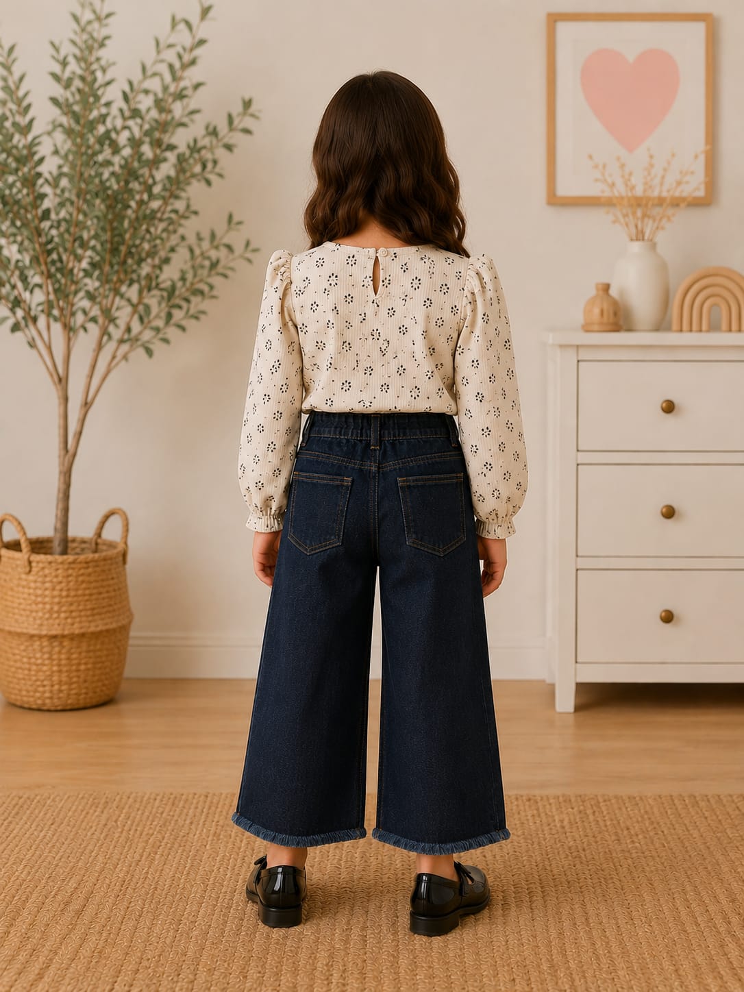 Girls' High-Waisted Wide-Leg Fringed Dark Wash Jeans