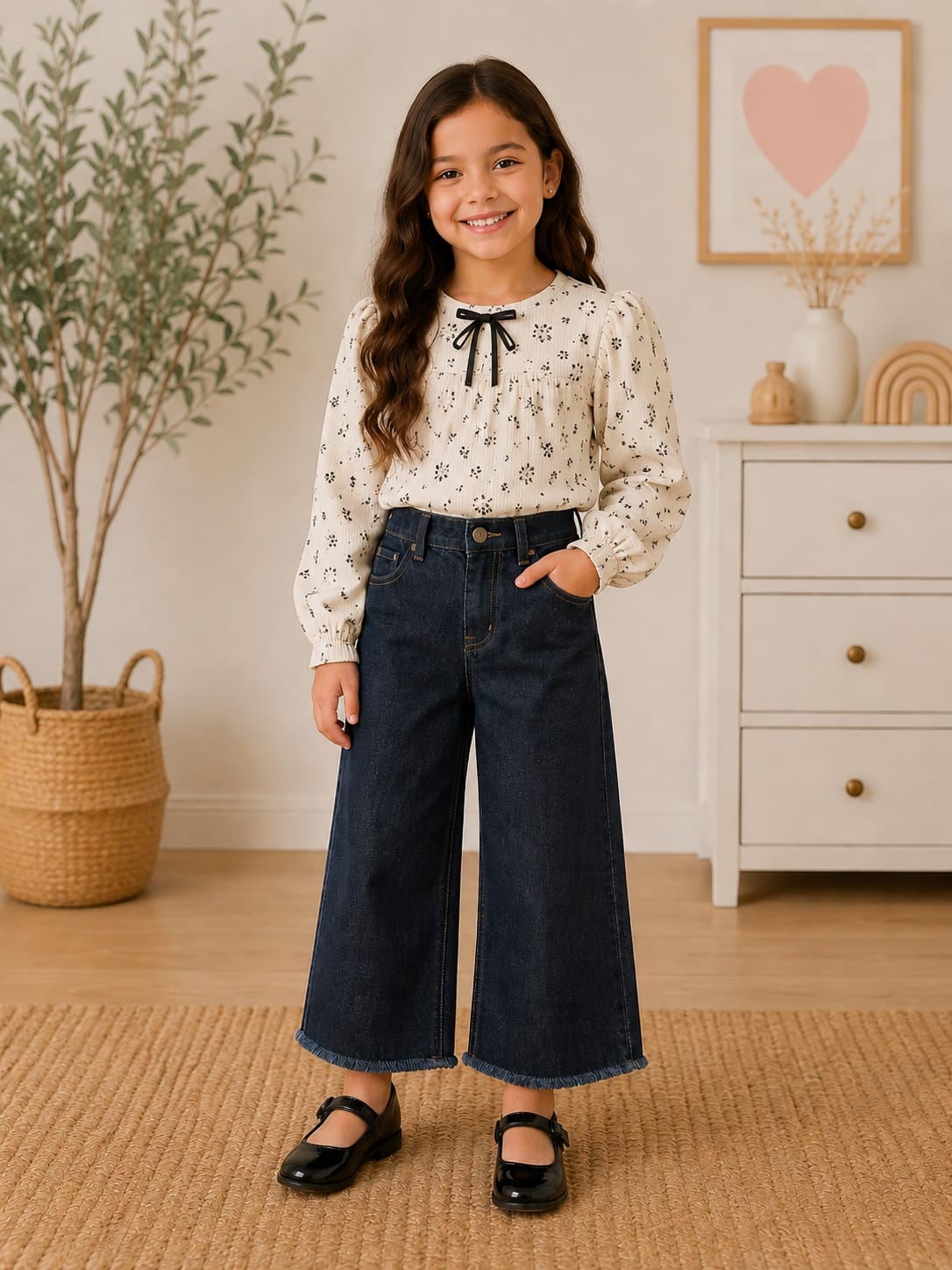 Girls' High-Waisted Wide-Leg Fringed Dark Wash Jeans