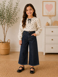 Girls' High-Waisted Wide-Leg Fringed Dark Wash Jeans