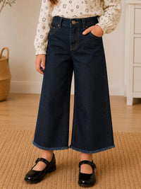 Girls' High-Waisted Wide-Leg Fringed Dark Wash Jeans