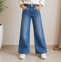Girls' High-Waisted Wide-Leg Textured Medium Wash Jeans