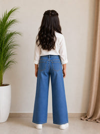 Girls' High-Waisted Wide-Leg Textured Medium Wash Jeans