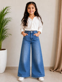 Girls' High-Waisted Wide-Leg Textured Medium Wash Jeans