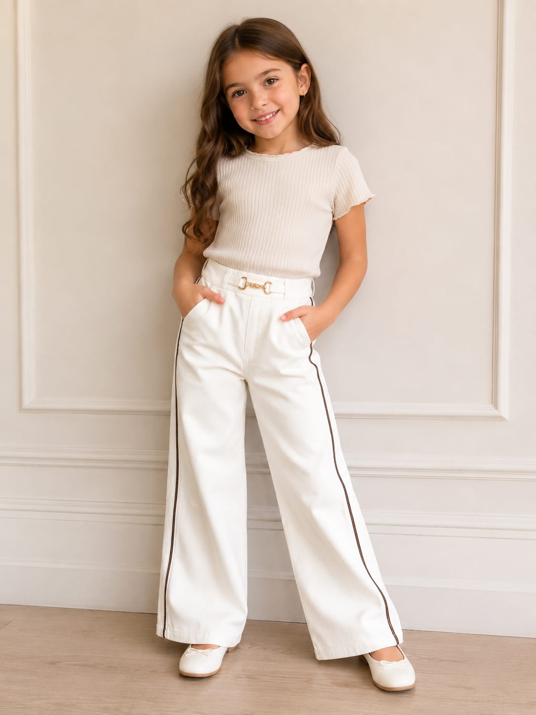Girls' High-Waisted Wide-Leg White Jeans with Contrast Piping and Belt