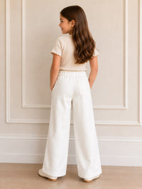 Girls' High-Waisted Wide-Leg White Jeans with Contrast Piping and Belt