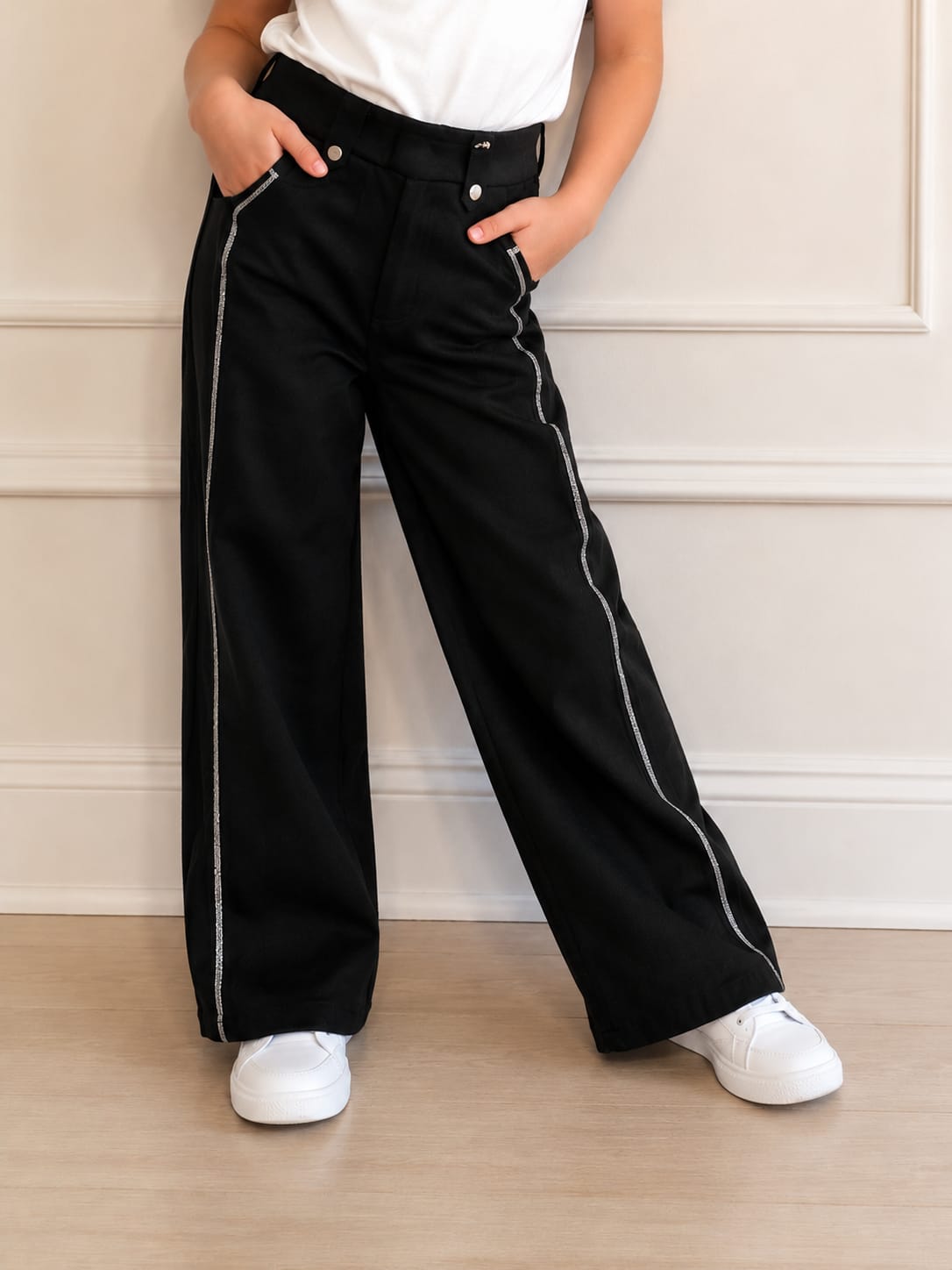 Girls' High-Waisted Wide-Leg Black Trousers with Shimmering Side Trim