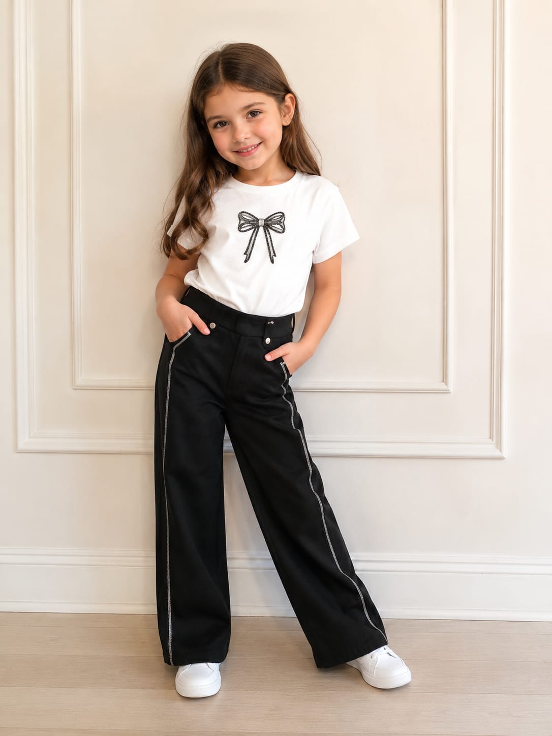 Girls' High-Waisted Wide-Leg Black Trousers with Shimmering Side Trim