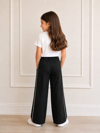 Girls' High-Waisted Wide-Leg Black Trousers with Shimmering Side Trim