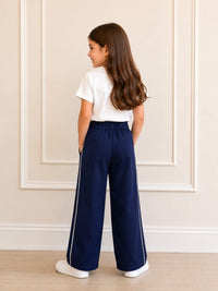 Girls' High-Waisted Wide-Leg Navy Trousers with Shimmering Side Trim