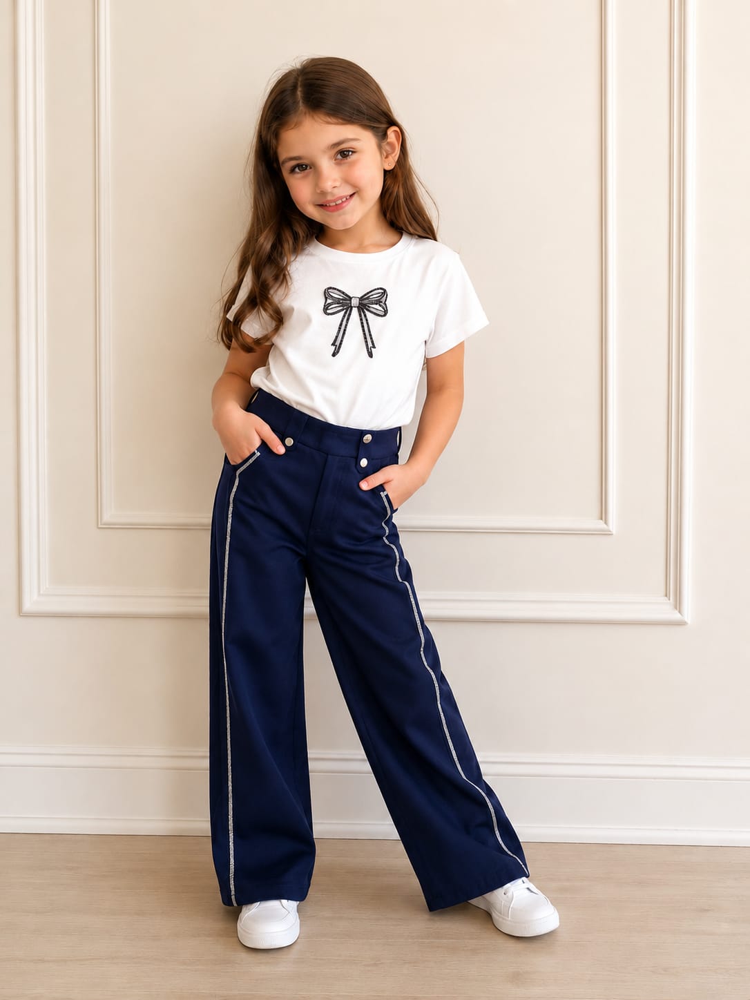 Girls' High-Waisted Wide-Leg Navy Trousers with Shimmering Side Trim
