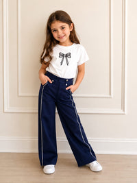 Girls' High-Waisted Wide-Leg Navy Trousers with Shimmering Side Trim