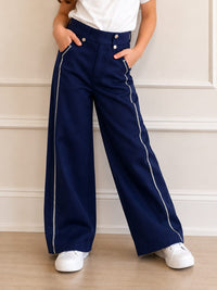 Girls' High-Waisted Wide-Leg Navy Trousers with Shimmering Side Trim