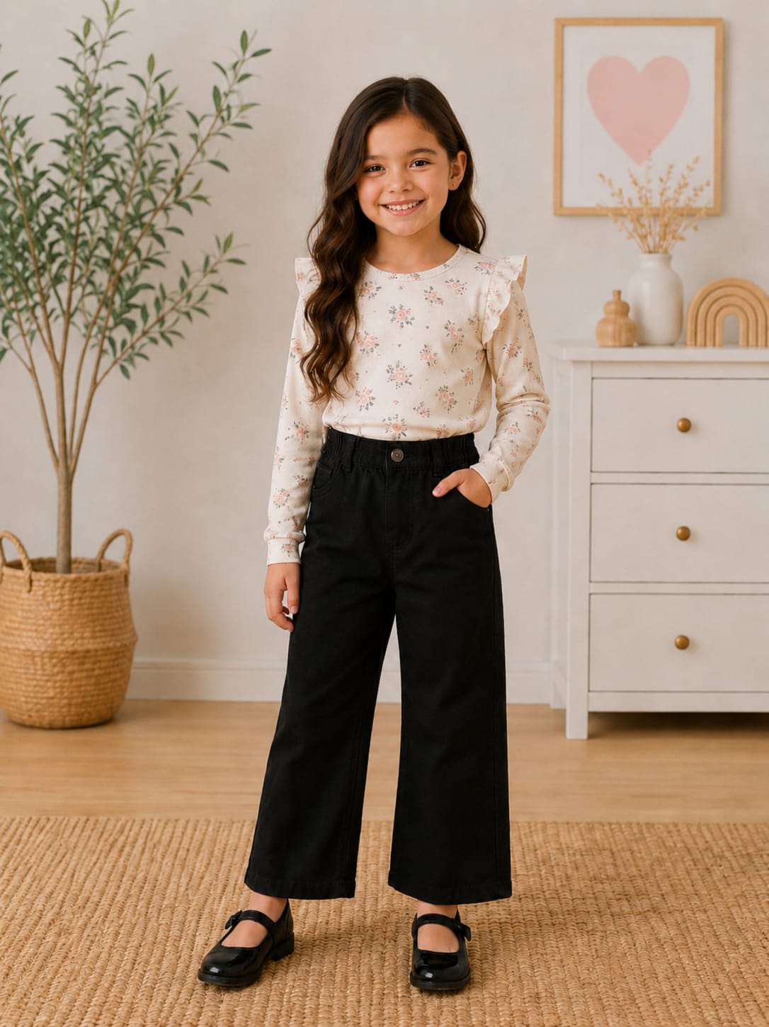 Girls' High-Waisted Wide-Leg Black Denim Jeans