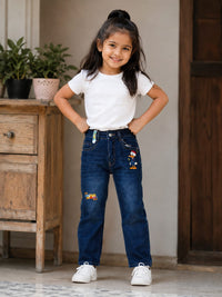 Girls' Dark Wash Straight-Leg Jeans with Cartoon Graphic Accents