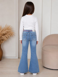 Girls' Light Wash Distressed Flared Jeans with Pink Braided Belt