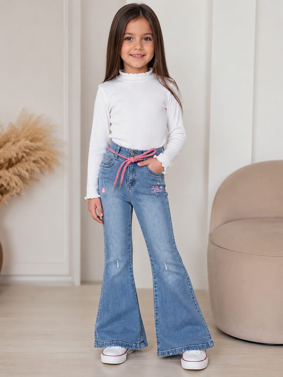Girls' Light Wash Distressed Flared Jeans with Pink Braided Belt