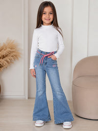 Girls' Light Wash Distressed Flared Jeans with Pink Braided Belt