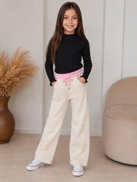 Girls' High-Waisted Wide-Leg Jogger Pants with Contrast Waistband