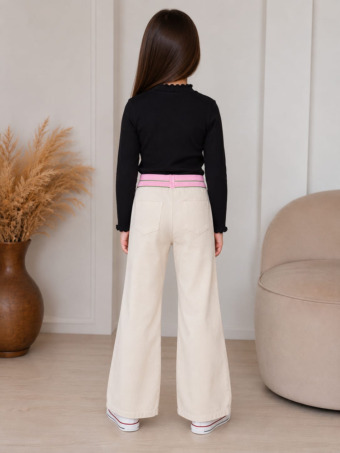 Girls' High-Waisted Wide-Leg Jogger Pants with Contrast Waistband