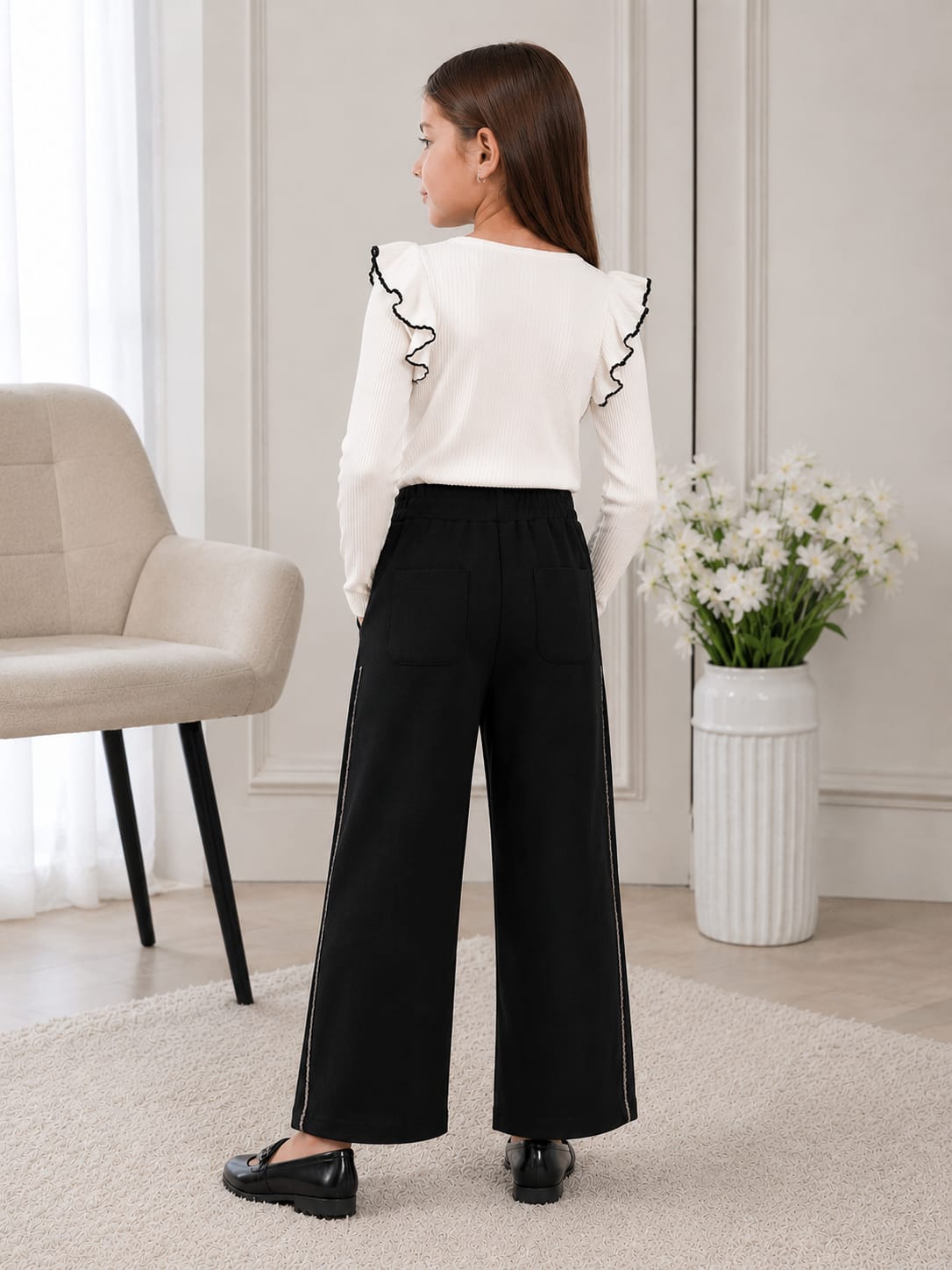 Girls' High-Waisted Wide-Leg Trousers with Side Trim and Pocket Details