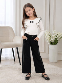 Girls' High-Waisted Wide-Leg Trousers with Side Trim and Pocket Details