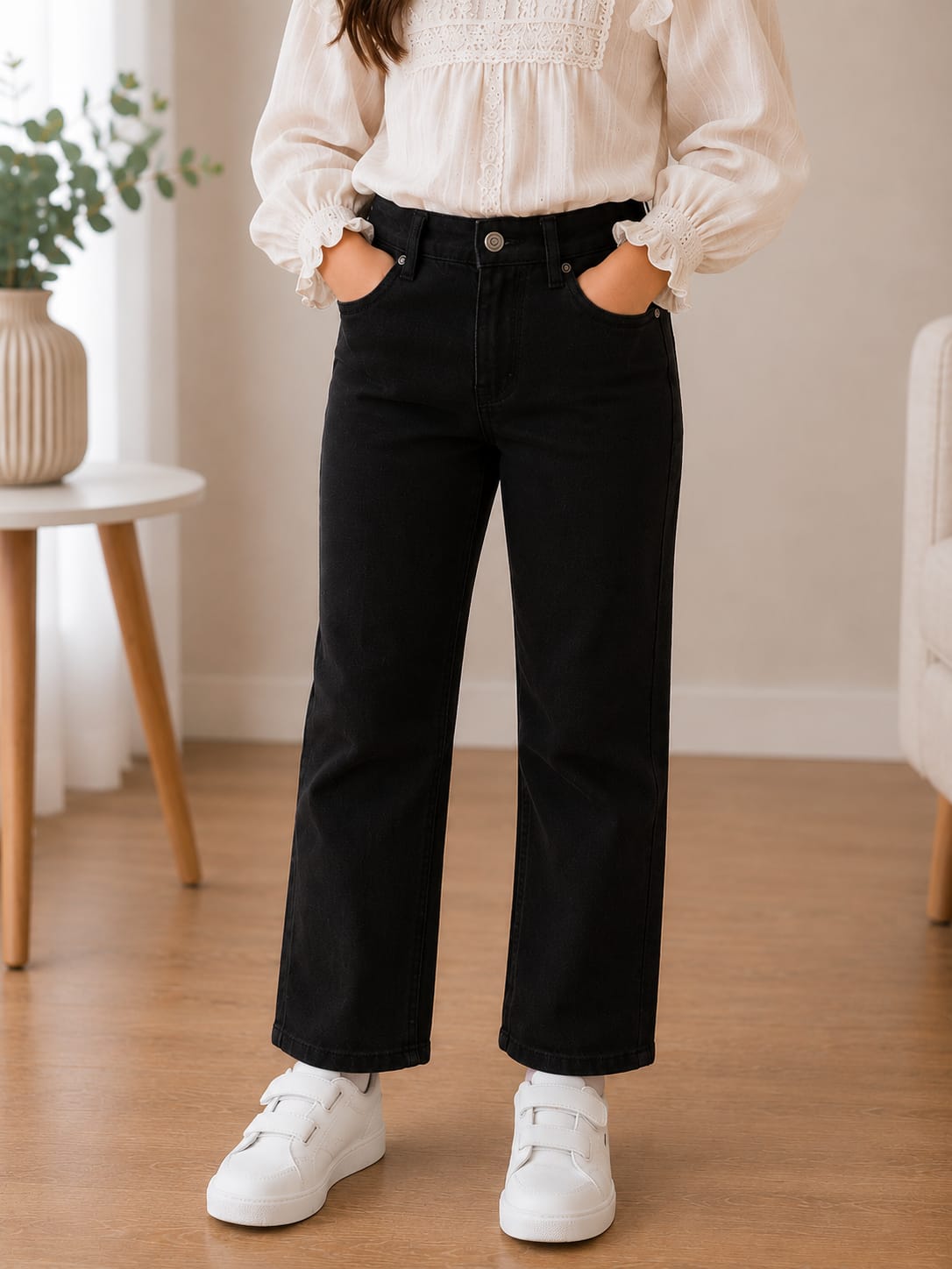 Girls' High-Waisted Straight-Leg Black Denim Jeans