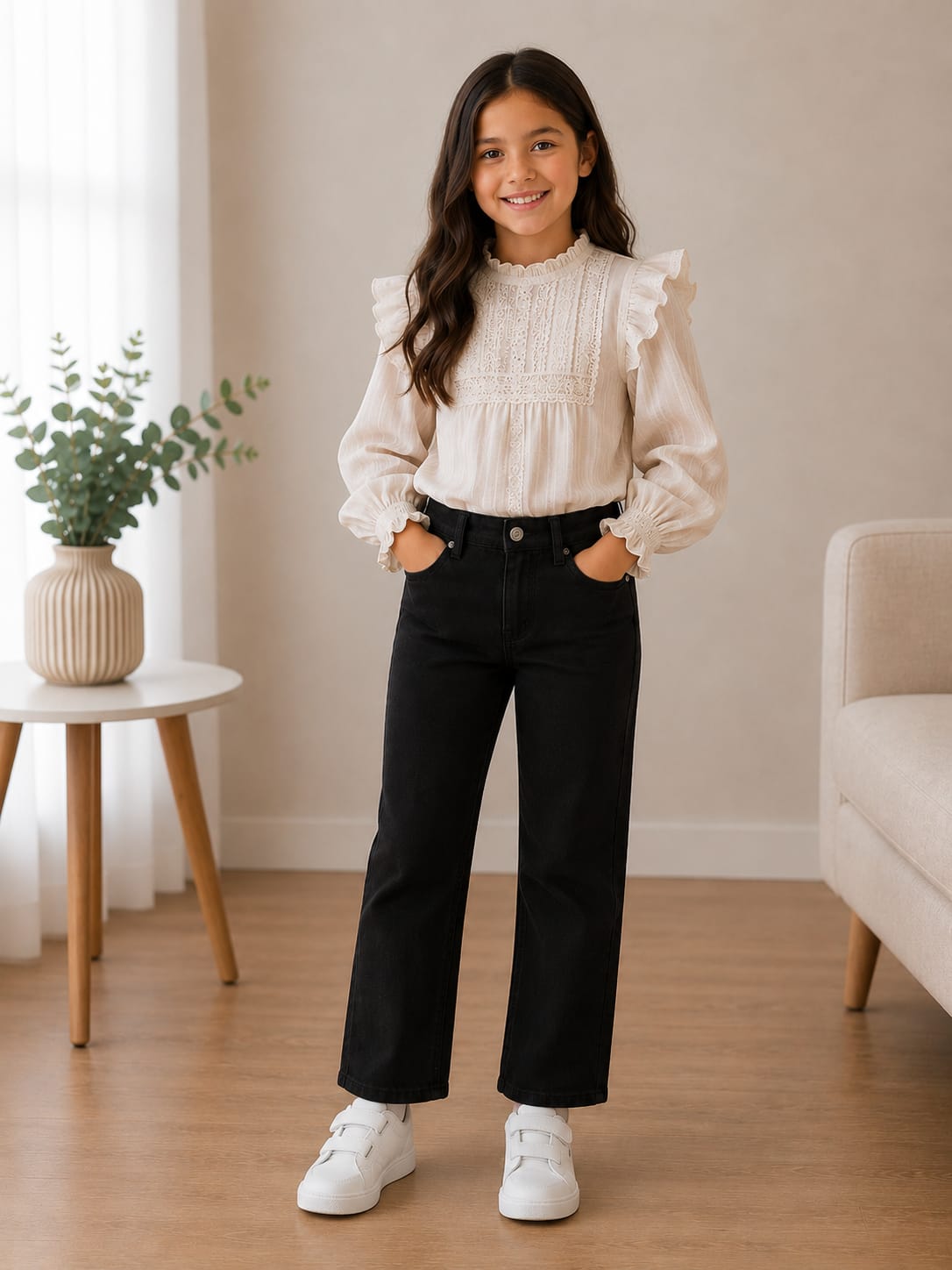 Girls' High-Waisted Straight-Leg Black Denim Jeans
