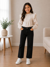 Girls' High-Waisted Straight-Leg Black Denim Jeans