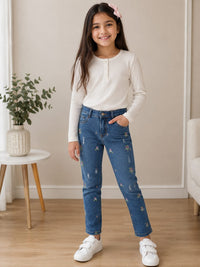 Girls' Medium Wash Slim Fit Floral & Polka Dot Patterned Jeans