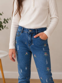 Girls' Medium Wash Slim Fit Floral & Polka Dot Patterned Jeans