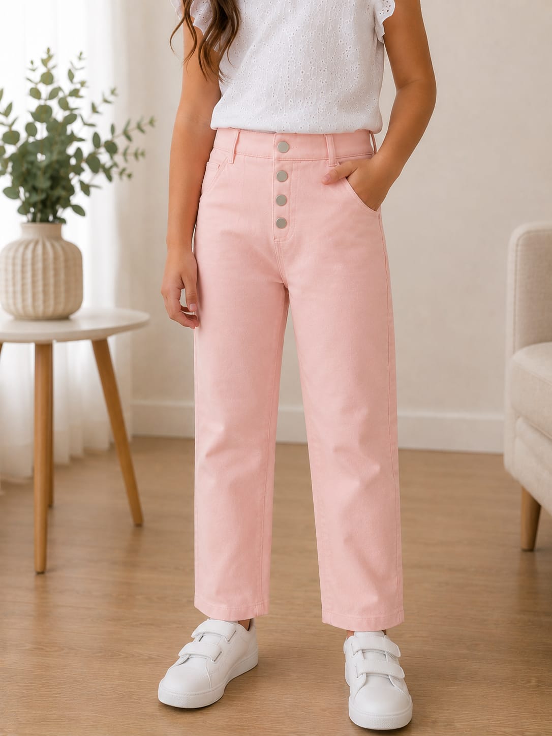 Girls' High-Waisted Straight-Leg Pastel Pink Button-Fly Jeans