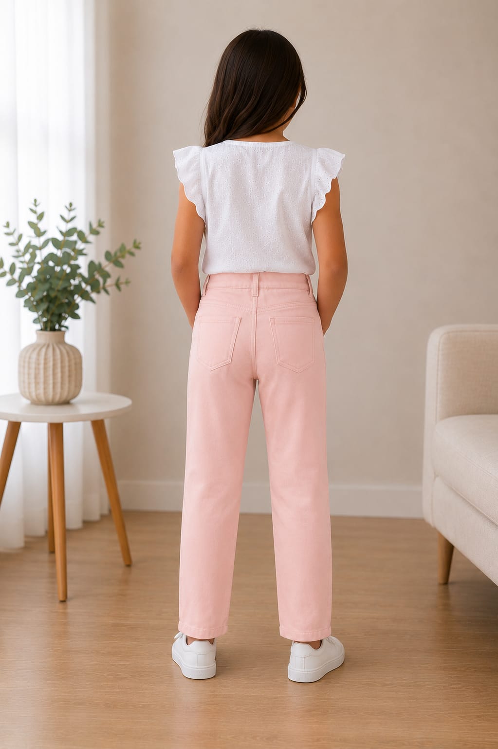 Girls' High-Waisted Straight-Leg Pastel Pink Button-Fly Jeans