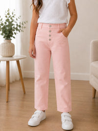 Girls' High-Waisted Straight-Leg Pastel Pink Button-Fly Jeans