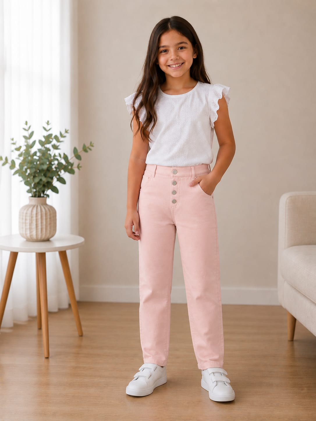 Girls' High-Waisted Straight-Leg Pastel Pink Button-Fly Jeans