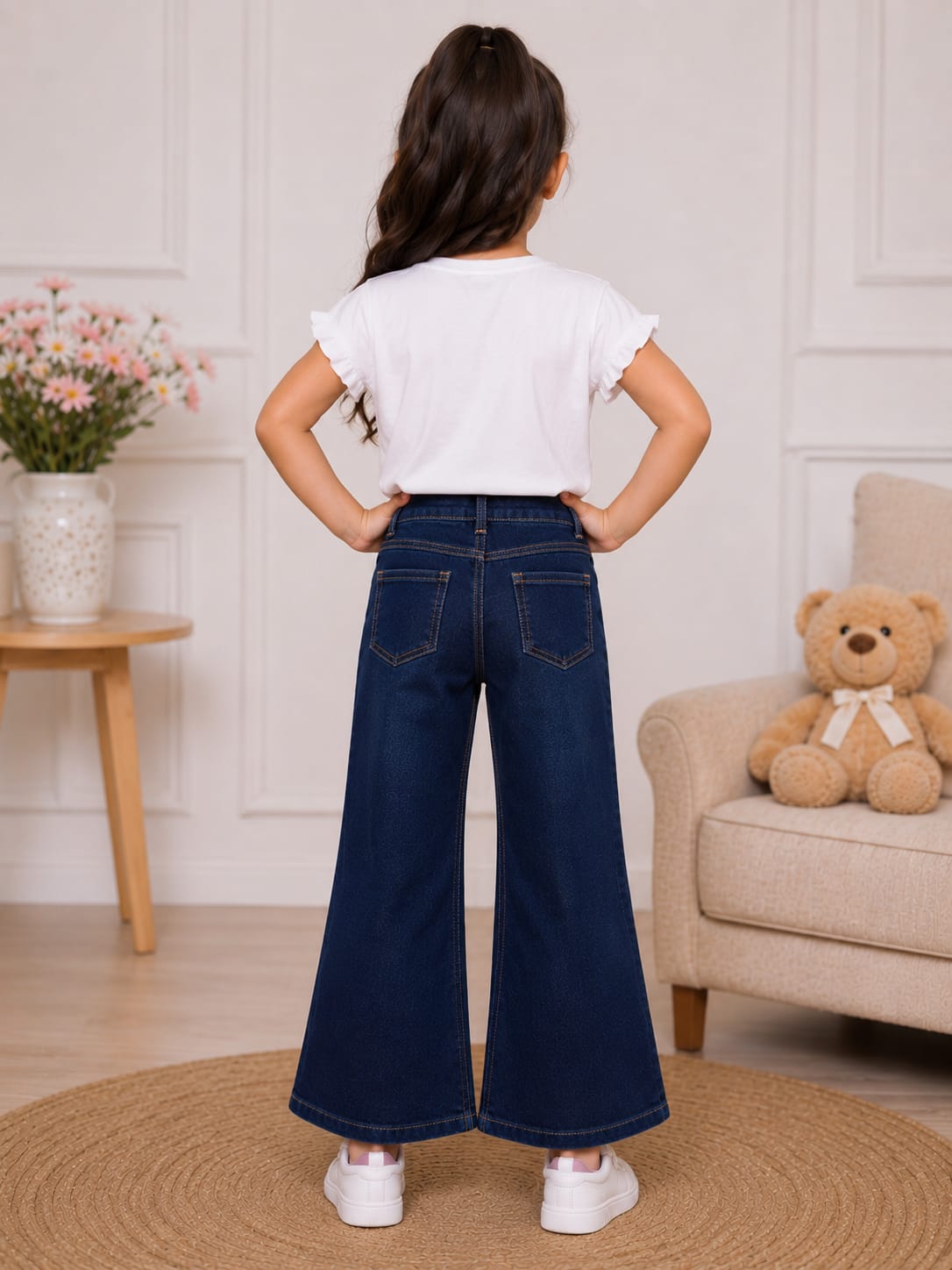 Girls' Dark Wash Wide-Leg Jeans with Smiley Patches and Rainbow Slit