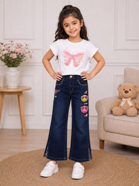 Girls' Dark Wash Wide-Leg Jeans with Smiley Patches and Rainbow Slit