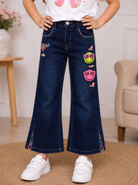 Girls' Dark Wash Wide-Leg Jeans with Smiley Patches and Rainbow Slit