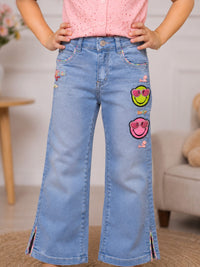 Girls' Light Wash Wide-Leg Jeans with Smiley Patches and Rainbow Slit
