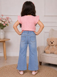 Girls' Light Wash Wide-Leg Jeans with Smiley Patches and Rainbow Slit