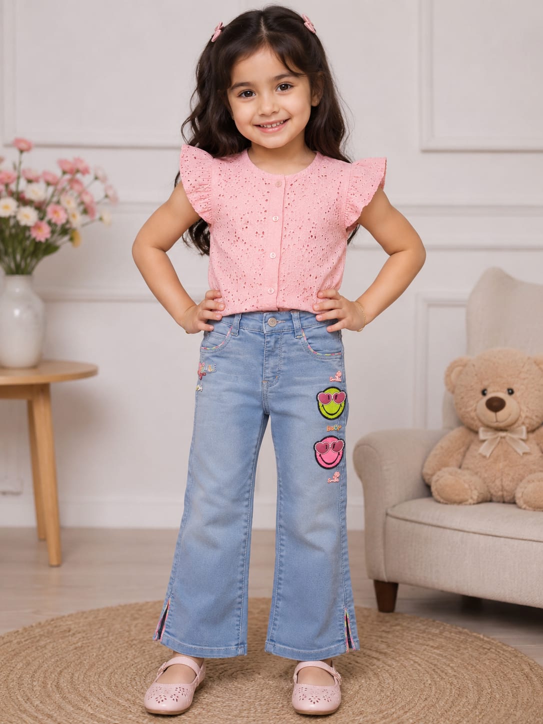 Girls' Light Wash Wide-Leg Jeans with Smiley Patches and Rainbow Slit