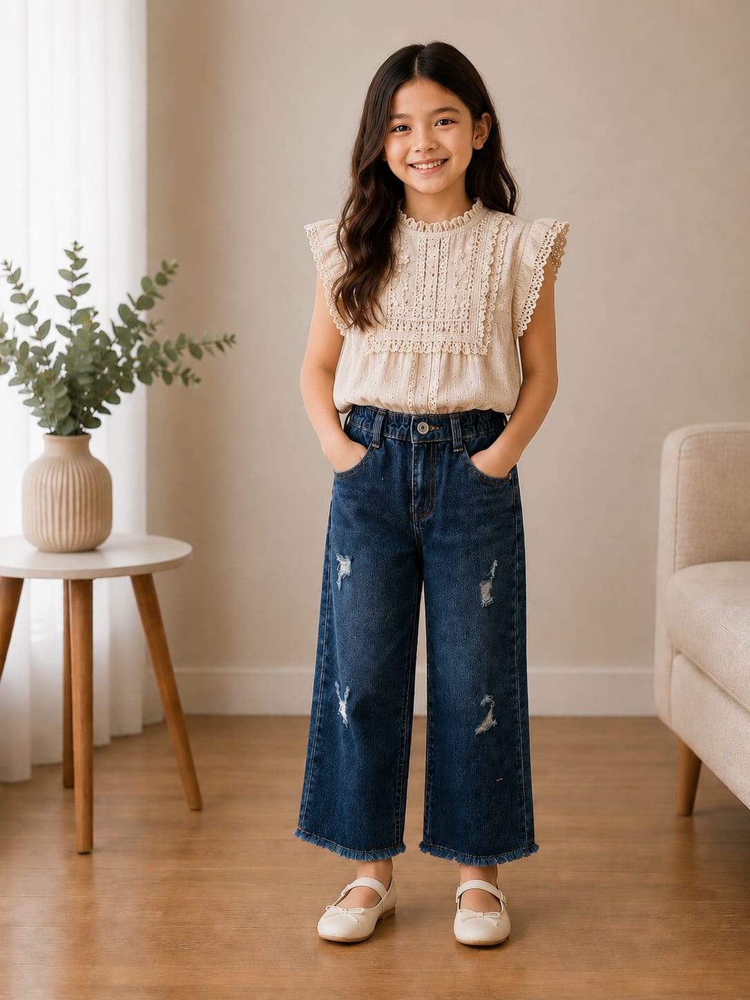 Girls' High-Waisted Distressed Wide-Leg Trousers in Medium-Dark Wash